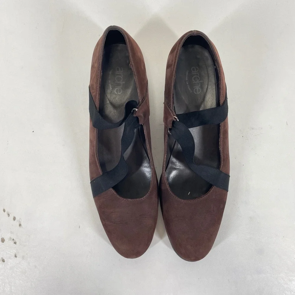 Arche Brown Nubuck Leather Elastic Strap Wedge Shoes France Womens 40 US 9-9.5